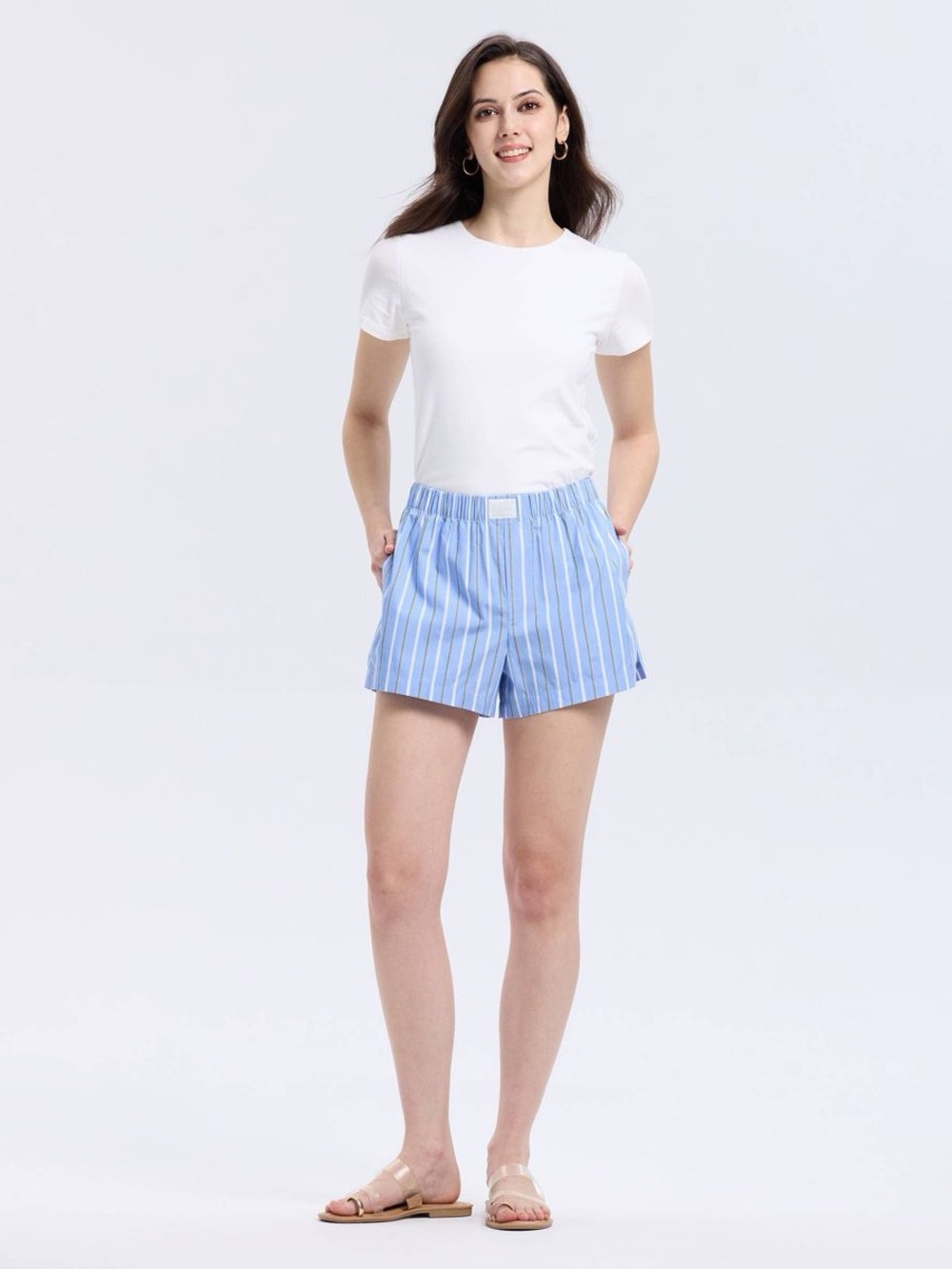 Women’s Light Blue Stripe Athletic Elastic-Waist Shorts